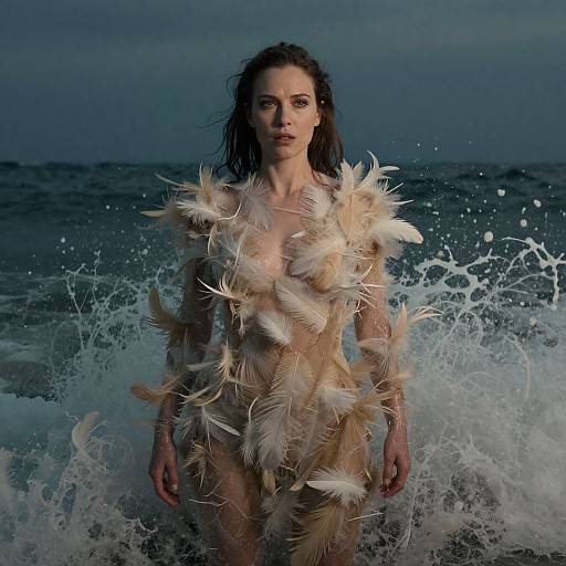 Photograph of a wet, serious-looking woman standing in ocean waves, wearing a nude-colored, feathered garment, with dark, wet hair, under