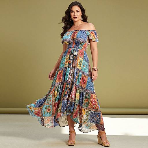 Photograph of a dark-haired woman in a colorful, off-shoulder, floral-patterned, ankle-length dress with a flowing skirt, standing against