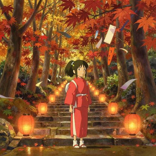 Young Girl on Stone Steps in Autumn Maple Forest