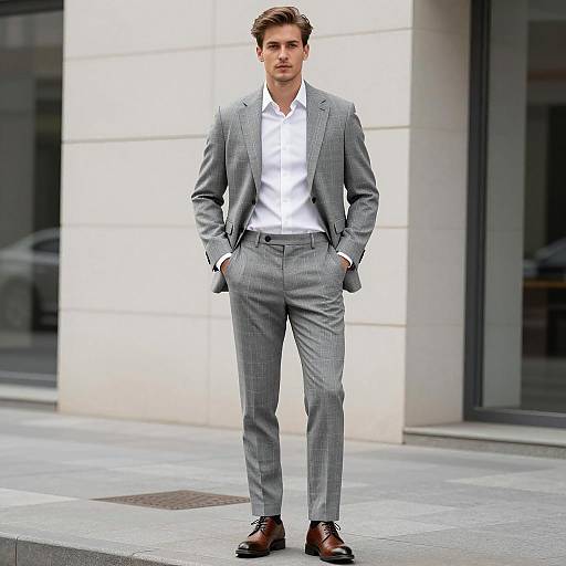 Man in Grey Checkered Suit Standing Outdoors