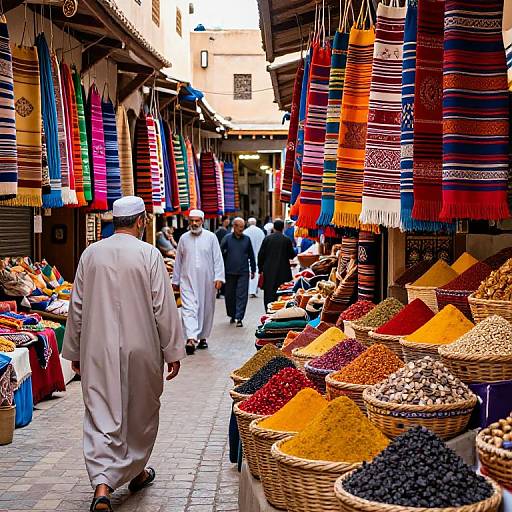 Colorful Moroccan market photo: Traditional men in white robes walk past vibrant, striped textiles and baskets of spices and nuts.