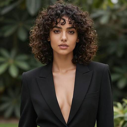 Confident Woman in Black Blazer with Curly Hair