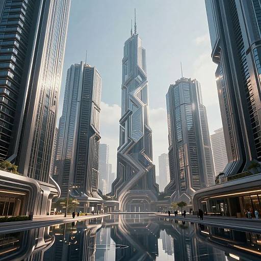 Photorealistic CGI of a futuristic urban canyon with towering, glass-clad skyscrapers reflecting on a shiny, reflective street, under a bright blue