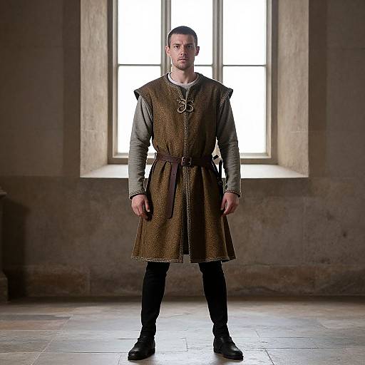 Photograph of a muscular, fair-skinned man in medieval attire with brown tunic, black undershirt, and boots, standing in front of