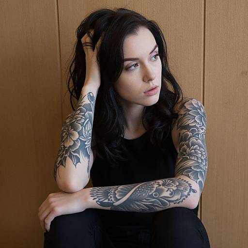Pensive Woman with Tattoo Sleeves