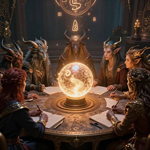 Photorealistic digital art of five horned, dark-robed demons with glowing eyes around a glowing, hexagram-patterned orb on an ornate