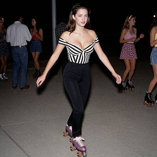 Photograph of a young woman with fair skin, brown hair, and a black-and-white off-shoulder top, skating on a purple rollerblade