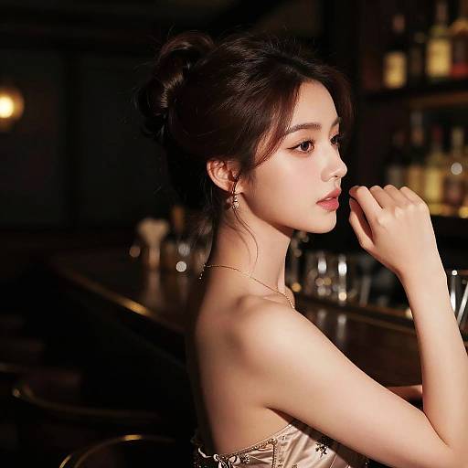 Photograph of an Asian woman with fair skin, dark hair in a bun, red lipstick, and a strapless top, sitting at a dimly