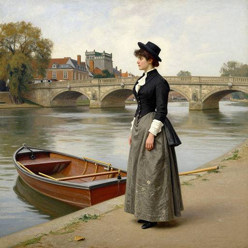 Victorian-era painting: Elegant woman in black dress and hat stands beside wooden rowboat on riverbank, stone bridge and red-roofed houses in