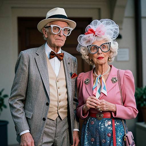 Photograph of an elderly couple in vintage attire: man in grey suit, beige vest, brown bow tie, white hat, white-framed glasses;