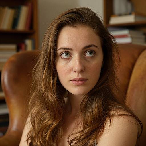 Photograph of a young woman with long, wavy brown hair, blue eyes, fair skin, and freckles, sitting in a brown leather