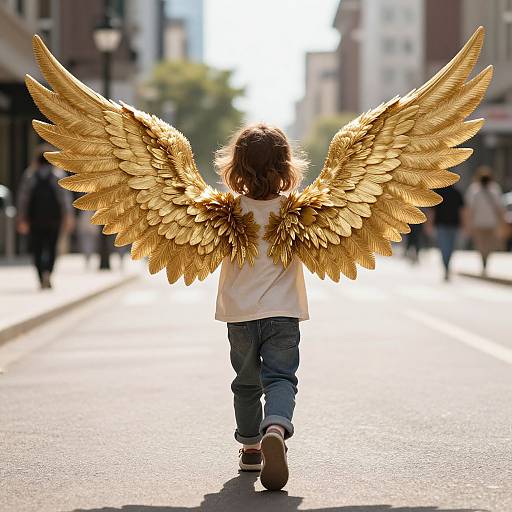 Photograph of a young child with golden feathered wings, wearing a white shirt and blue jeans, walking down a sunlit urban street.