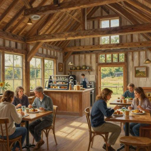 Photograph of a rustic, wooden-ceiling café with large windows, six people seated at wooden tables, enjoying breakfast, and a barista at the