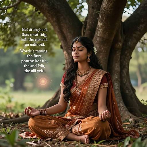 Photograph of an Indian woman with long black hair, wearing a gold-embroidered orange saree, meditating under a large tree with serene