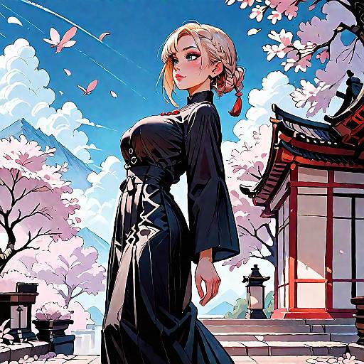 Anime Girl Walking in Cherry Blossoms