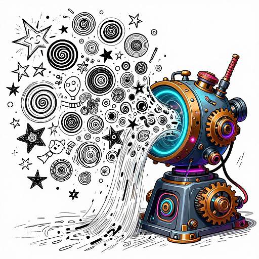 Vibrant, steampunk-style robot emitting swirling black and white patterns, gears, stars, and spirals from its glowing blue cylinder. Digital
