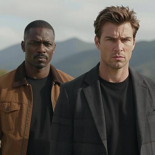 Two Men in Outdoor Setting with Serious Expressions