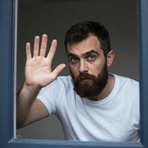 Bearded Man Pressing Hand on Window