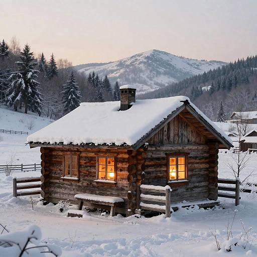 Cozy Snowy Log Cabin Etching