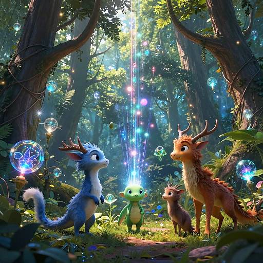 Whimsical forest scene: three fantastical creatures with antlers and fur, surrounded by glowing bubbles and a radiant blue light, amidst towering trees.
