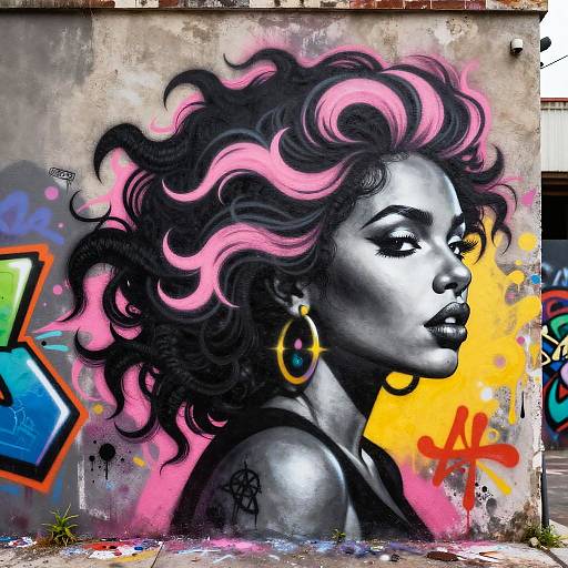 Vibrant Street Art Mural with Curly Hair