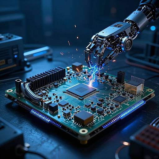 Photograph of a blue-lit robotic arm soldering a central chip on a green circuit board, surrounded by electronic components in a dimly-lit