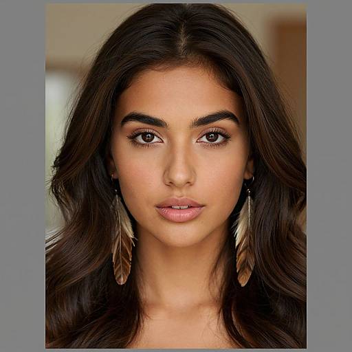 Photograph of a beautiful young woman with long, dark brown hair, brown eyes, full lips, wearing large feather earrings, centered in a soft-focus
