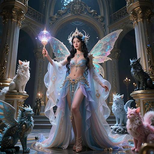 Digital fantasy artwork: Dark-haired fairy queen with glowing wings, crown, and crystal orb, wearing a shimmering blue outfit, stands in a grand,