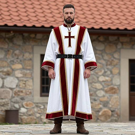 Photograph of a bearded man in white clerical robe with red trim and black belt, standing in front of a stone building with red-tiled