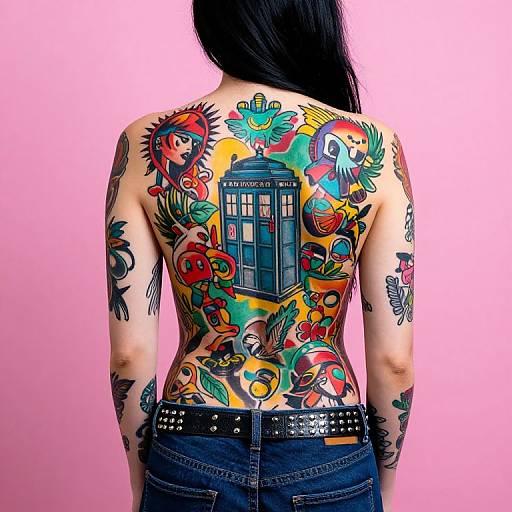 Photograph of a woman with long black hair, back facing, showcasing vibrant, colorful back tattoos including a TARDIS, sun, flowers, and