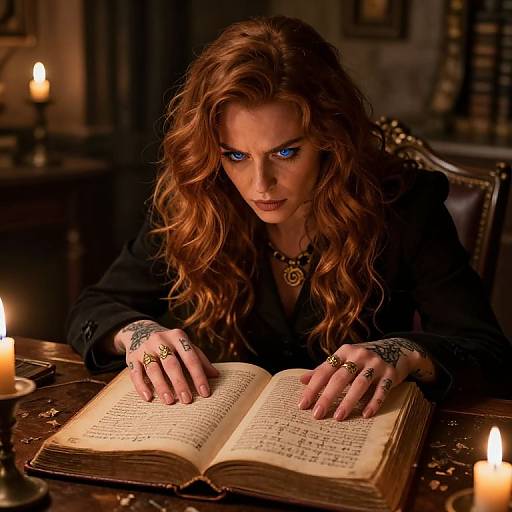 Photograph of a red-haired woman with blue eyes, wearing black, studying an open book under candlelight, surrounded by dark, ornate furniture.