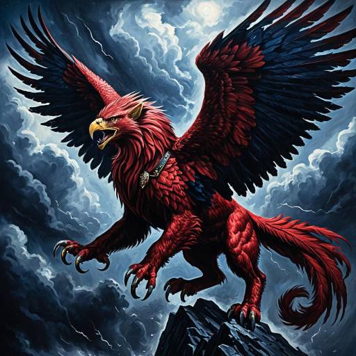 Majestic Crimson Griffon in Stormy Sky