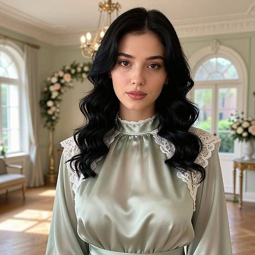 Photograph of a beautiful young woman with long, wavy black hair, fair skin, wearing a shiny, sage-green satin blouse with white lace collar