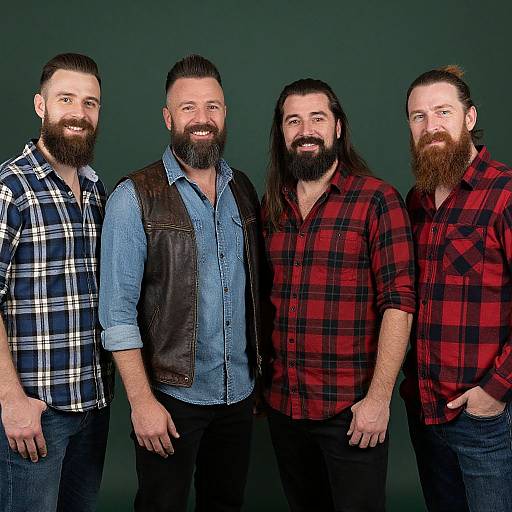 Photograph of four bearded men with long hair, standing against a dark green background. They wear plaid and denim shirts, with one in a