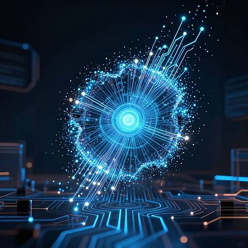 Digital CGI image of a glowing blue, circular, radiant network of light and wires against a dark background, with neon blue circuitry patterns on the ground