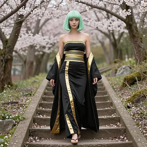Photograph of an Asian woman with aqua bob haircut, black and gold kimono dress, standing on stone steps amidst cherry blossom trees.