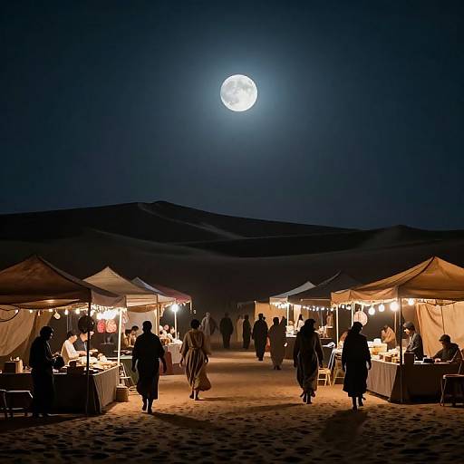Photograph of a moonlit desert market at night, illuminated by string lights, with people dining under tan tents, surrounded by sand dunes.
