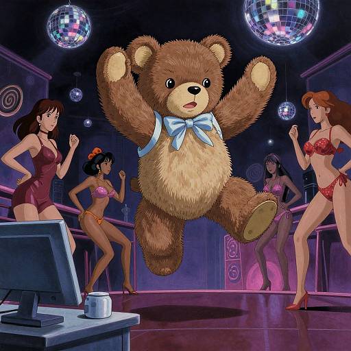 Digital art: A brown teddy bear with a blue bow, jumping mid-air, surrounded by four dancing women in colorful bikinis, under purple disco