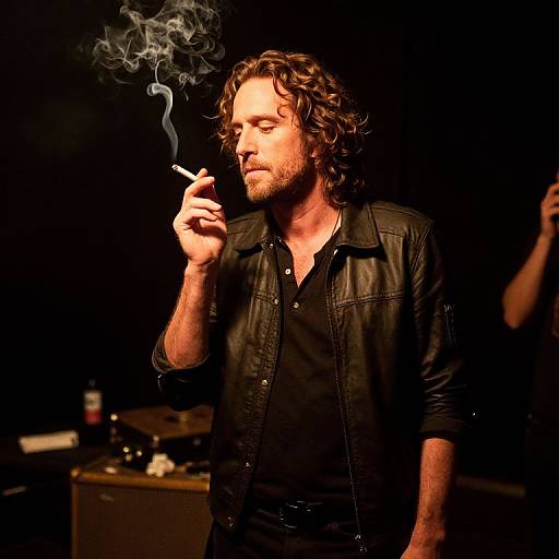 Photograph of a bearded, curly-haired man in a black leather jacket, smoking a cigarette, with smoke curling upwards against a dark background.