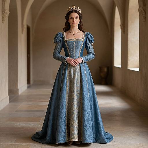Photograph of a regal woman in a blue Renaissance-style gown with gold trim, standing in a medieval stone corridor, wearing a gold crown.