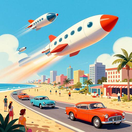 Retrofuturistic 1950s Beach Metropolis