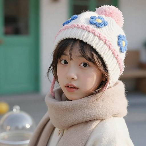 Surprised Asian Girl in Knit Hat