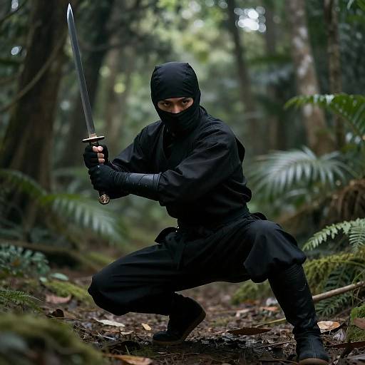 Ninja Crouching in Dense Forest