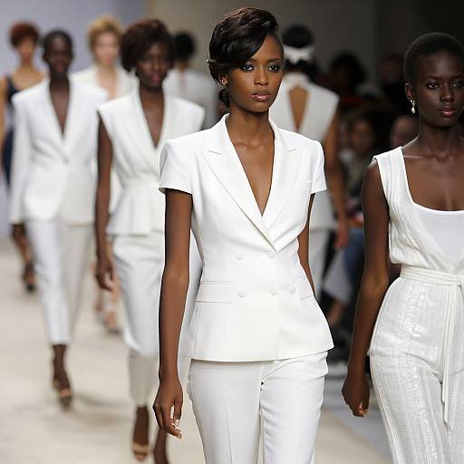 Photograph of a diverse group of African-American women modeling white, tailored, V-neck blazers and pants on a brightly lit runway.
