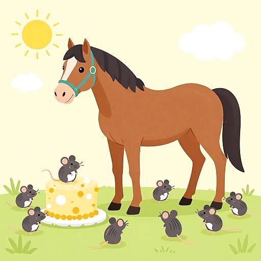 Digital illustration of a brown horse with a black mane and turquoise halter, standing beside a cheese cake, surrounded by six mice on green grass under a