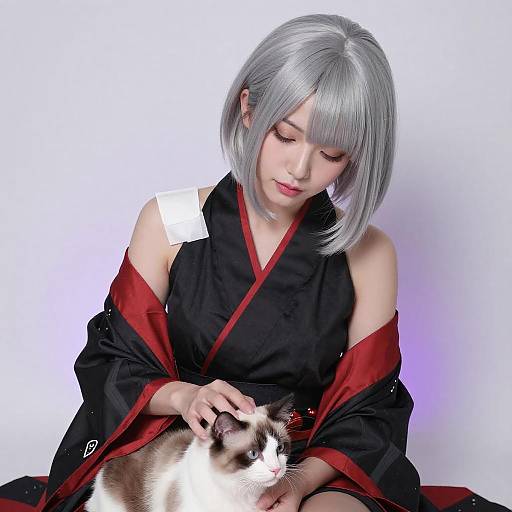 Asian Woman in Japanese Outfit with Cat