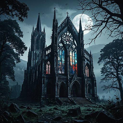 Crumbling Gothic Cathedral in Moonlight