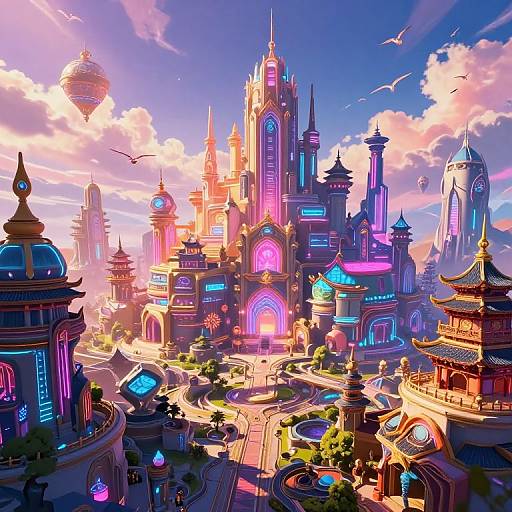 Vibrant, futuristic neon castle cityscape with glowing blue and pink lights, floating airships, traditional pagoda buildings, and a pink-orange sunset