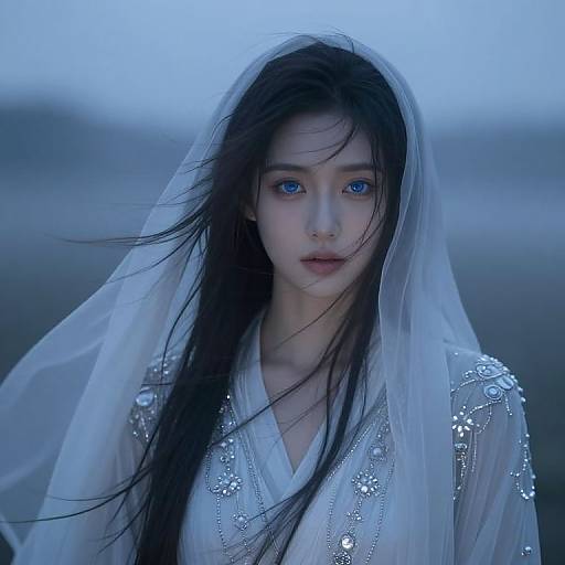 Photograph of an ethereal Asian woman with long black hair, blue eyes, and a white veil adorned with silver sequins, set against a blurred
