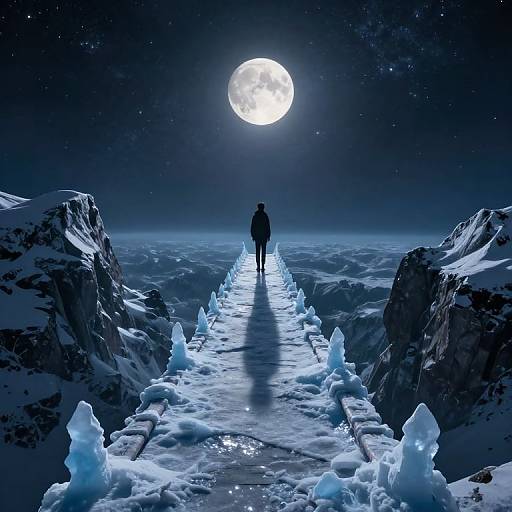 Silhouetted figure walks on icy pathway under full moon, surrounded by snow-capped mountains and glowing ice formations, in a starry night sky